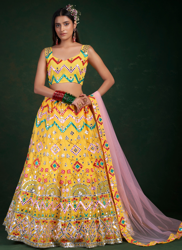 Captivating Multi Foil Mirror Yellow Georgette Lehenga Choli